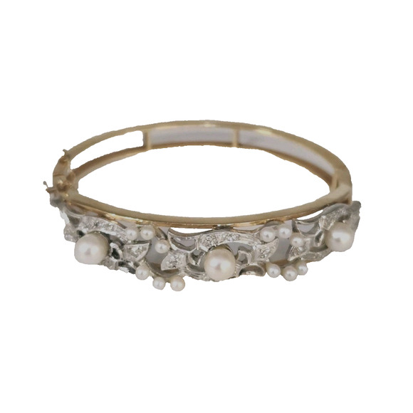 Vintage 14k Two Tone Gold Diamond Pearls Bangle Bracelet - Picture 1 of 14